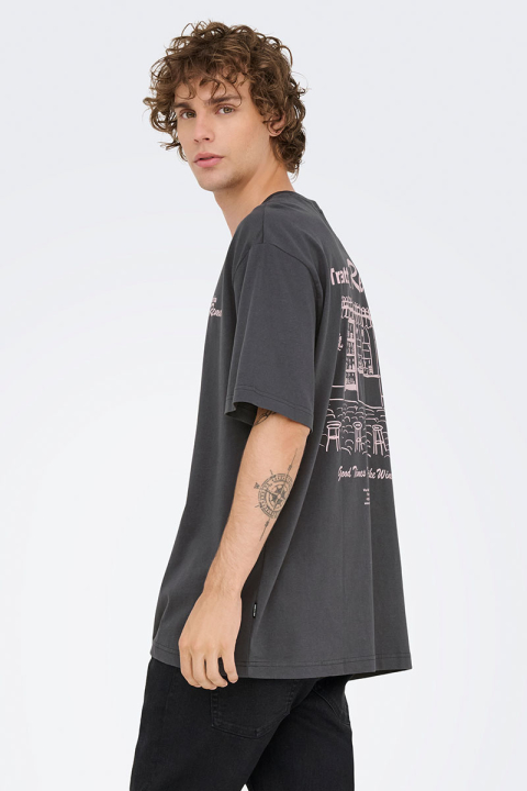 ONLY & SONS Nathan Backprint Relaxed Fit Tee Grey Pinstripe Remos