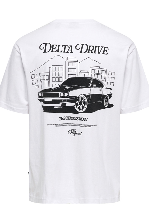 ONLY & SONS Nathan Backprint Relaxed Fit Tee Bright White Delta Drive