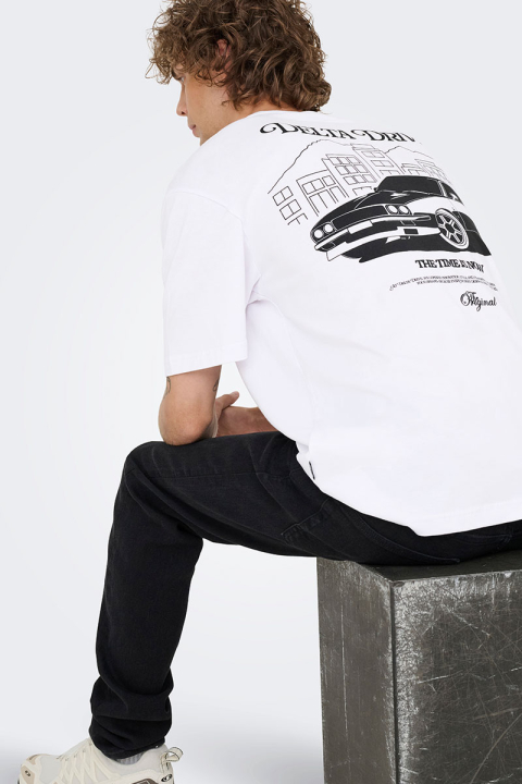 ONLY & SONS Nathan Backprint Relaxed Fit Tee Bright White Delta Drive